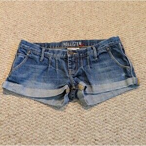 Hollister Ultra Low Rise Micro Mini  Denim Shorts 0 Blue Y2K Pleated  Cotton